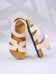 6-15 Years Old Boys' And Girls' Sandals, Solid Color Hook And Loop, Soft Sole Lightweight, Casual Non-Slip, Open Toe, Flat Heel, Minimalist Style, Suitable For Summer Daily/Beach/Play (Size Runs Large, Recommend Choosing One Size Smaller) - Beige - View 1