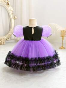 Baby Girls Multicolor Puff Sleeve Ruffle Mesh Tutu Dress, Princess Party Dress For Kids, Suitable For Halloween, Birthday Party, Christmas, Party, Important Occasions, Holiday Celebration Outfit - Multicolor - View 3