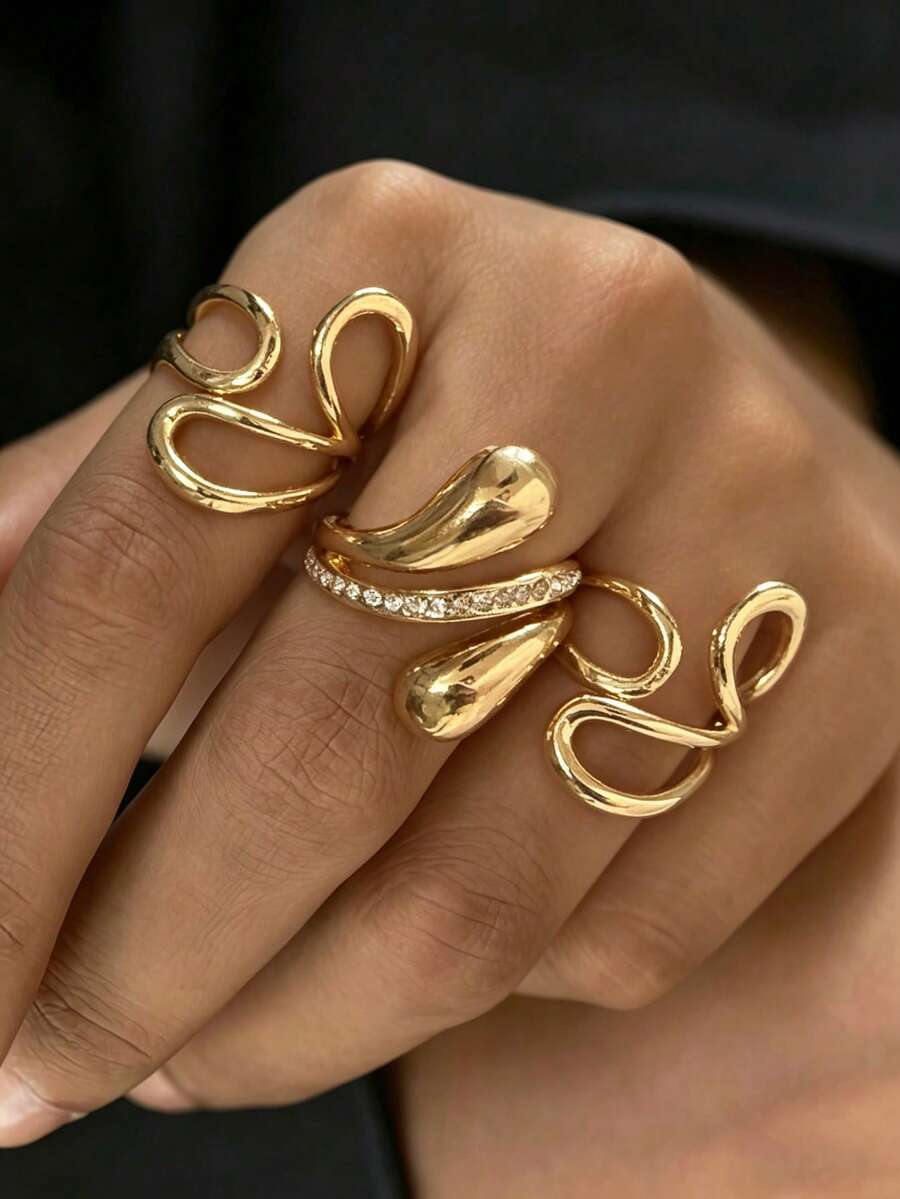 3pcs Fashionable Rhinestone Geometric Ring Set, Adjustable For Women Daily Wear, Dating, Party, Gathering, Layering - Yellow Gold - View 1
