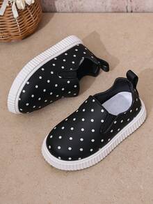 1 Pair Kids' Black Slip-On Flat Fashion Sports Shoes With Polka Dot Pattern, Suitable For All Seasons - Black - View 6