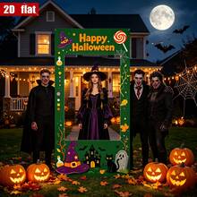 Banner Datar 2D, 1 buah Banner Bingkai Foto Selfie Halloween Vertikal, Tulisan Selamat Halloween, Topi Penyihir, Kastil, Hantu, Cocok untuk Dekorasi Teras, Acara Bertema Kafe - A - View 4