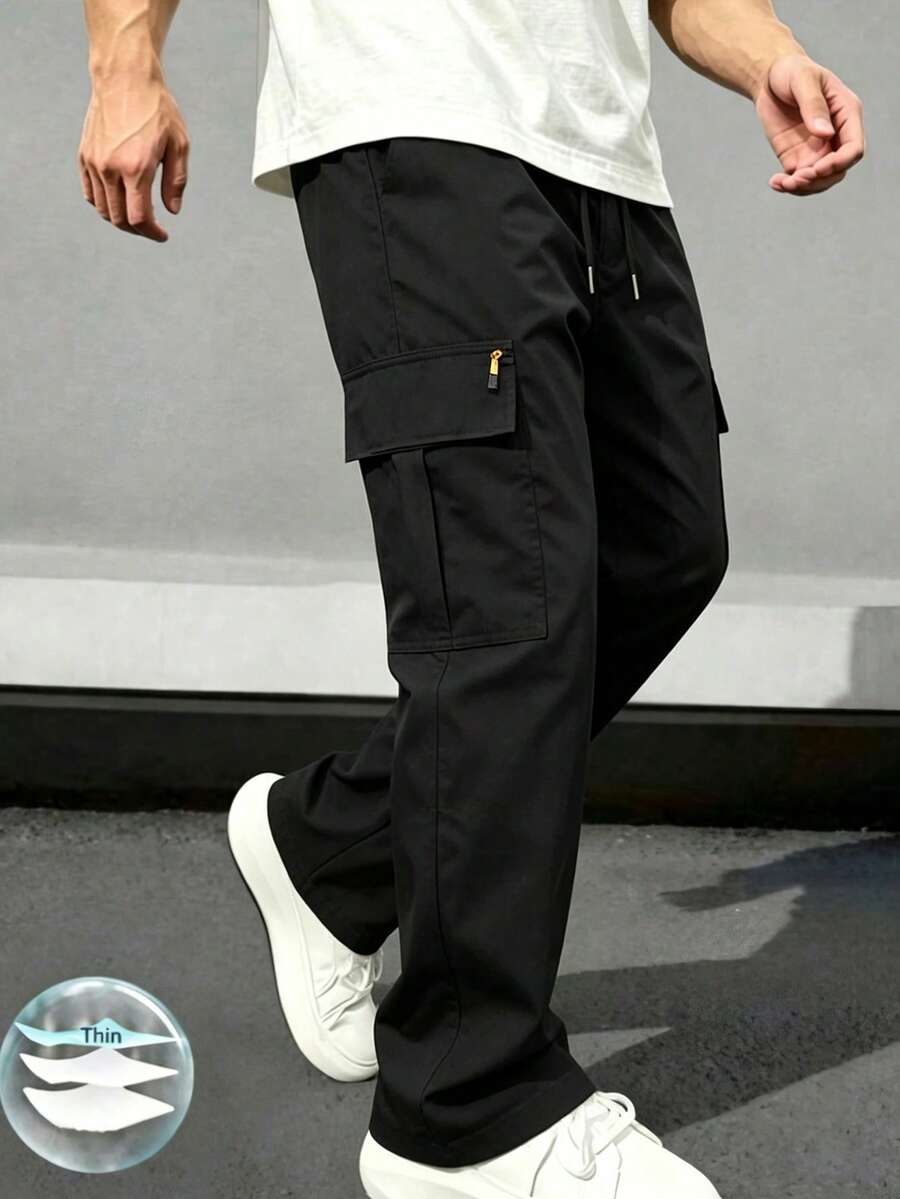 Men's Sports Pants, Running & Fitness Shorts, Multi-Pocket Casual Cargo Pants, Straight Leg Drawstring Waist Trousers, Spring & Summer - Black - View 1