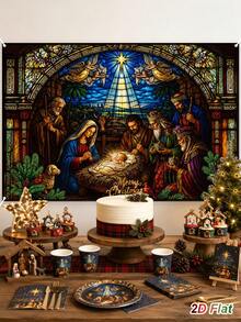 1pc Christmas Glowing Backdrop Cloth With Birth Of Jesus Design, Merry Christmas Hanging Background Cloth, Photo Booth Backdrop, Holiday Party Backdrop Banner, Christmas Decoration, Xmas Decor, Winter Home Decor - Multicolor - View 6