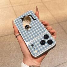 1pc TPU Material Fresh Blue & White Plaid Bell Siamese Cat Pattern Phone Case Suitable For IPhone 17 Pro Max/17/16 Pro Max/15/14/13/12/11 Full Coverage Anti-Drop Soft Shell Phone Protective Cover - Silver - View 4