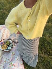Vivid Style Yellow Fuzzy Knit Cardigan Women Crewneck Button Up Crop Loose Sweater Drop Shoulder Long Sleeve Cozy Ribbed Knitted Jumper Coat - Yellow - View 4