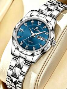 Women's Quartz Watch 28mm Mini Dial Luxury Dial Rhinestone Markers Day Date Calendar Clock Stainless Steel Rivet Band Quartz Movement Wrist Watch Suitable For Women's Gift, Daily Wear, Formal Occasions Fashionable Women's Popular Accessory Watch - Silver - View 2