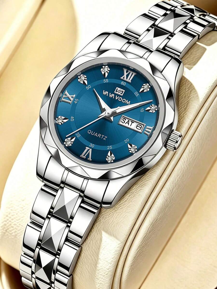 Women's Quartz Watch 28mm Mini Dial Luxury Dial Rhinestone Markers Day Date Calendar Clock Stainless Steel Rivet Band Quartz Movement Wrist Watch Suitable For Women's Gift, Daily Wear, Formal Occasions Fashionable Women's Popular Accessory Watch