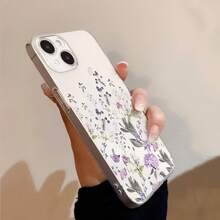 1pc Fashion Creative Full Screen Purple Floral Leaf Pattern High Transparency Phone Case, Anti-Drop Anti-Scratch Anti-Fingerprint Transparent TPU Soft Shell, Camera Lens Protection Compatible With Apple, Nothing, Pixel, Protective Cover - Multicolor - View 3