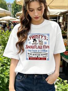 Women's Snowman Print T-Shirt. Quality Fabric, Crew Neck, Loose, Comfortable Fit, Graphic Design. - White - View 6