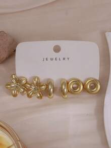 6-24pcs Gold Fashion Elegant Women's Earrings Set, Heart, Stripe, Flower, Flower, Hoop, Water Drop, Hollow Lace Design, Suitable For Summer Outings - Gold - View 3