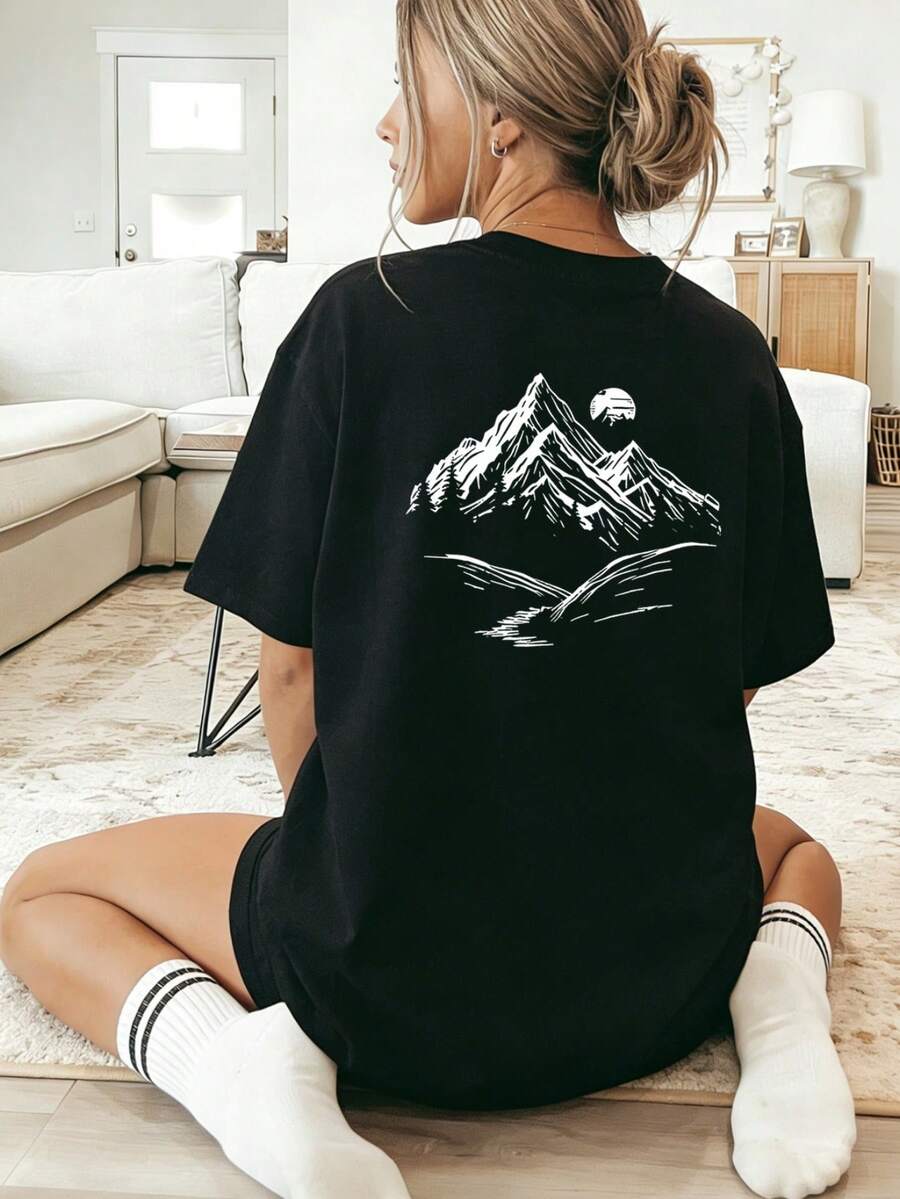 Loose Casual Daily Tee, Short Sleeve Top Featuring Front And Back Double Sided Print, Versatile Outfit For Autumn, Lokale Lager - 黑色 - 查看 1
