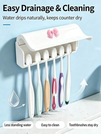 6-Slot Bowknot Decorative Toothbrush Holder With Lid And Toothpaste Squeezer, Self-Adhesive Wall Mount, Automatic Dust-Proof Lid Design, Can Store Multiple Toothbrushes, Wall-Mounted Space-Saving, Suitable For Bathroom, Dorm, RV And Other Scenes, Flip Lid Dust-Proof And Stain-Proof, Easy Drainage And Ventilation, Dust-Proof Lid, Suitable For Couples, Friends, Family, Home, Dorm Essentials, Suitable For Birthday, Back To School, Business Trip, Back To School, Etc., Clean And Care For Your Oral Health, Back To School Essential