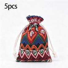 亞麻抽繩禮物袋，適用於她/他，彩色幾何傳統印花布料收納袋，附柔軟繩子封口，耐用可重複使用，適合珠寶、生日、婚禮、派對、手工藝、聖誕禮物 - 傳統印花 - 查看 13