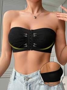 2 Peças Sutiã Bandeau Sem Alças Sem Fio Feminino, Sutiã com Fechamento Frontal Antiderrapante, Costas de Malha Oca Respirável, Adequado para Uso Diário e Festas - Multicolorido - Visão 4