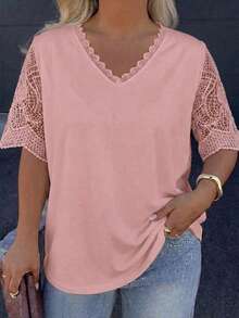 Plus Size Casual Solid Color Lace Panel V-Neck T-Shirt Summer - Dusty Pink - View 4