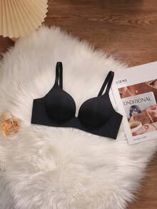 Women's Minimalist Solid Color Thin Wire-Free Push-Up Comfortable Bra, Full Coverage Seamless Bra With Side-Boob Support And Anti-Sagging, Suitable For Small Chests [Flat Chest Specialized] - Black - View 6