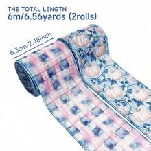 2 Rolls Light Blue Plaid Pumpkin Decorative Ribbon Set - 6.3cm/2.5inch Width, Total Length 6m - Modern Thanksgiving Decorative Ribbon, Plaid Pumpkin Pattern Ribbon, Thanksgiving Holiday Decoration, Gift Wrapping, Autumn Holiday Wreath Material, DIY Bows, Home Decor DIY - Pink and Blue Plaid Pumpkin - View 6