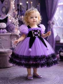 Baby Girls Multicolor Puff Sleeve Ruffle Mesh Tutu Dress, Princess Party Dress For Kids, Suitable For Halloween, Birthday Party, Christmas, Party, Important Occasions, Holiday Celebration Outfit - Multicolor - View 8