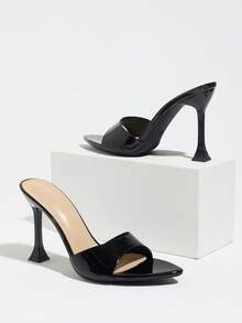 Women's Comfortable Mirror Finish Mule Pointed Toe Open Toe High Heel Sandals, Spring Summer Night Party Commute Office Outdoor Date Daily Wear Minimalist Slip-On Modern Sophisticated Black Shoes - Black - View 6