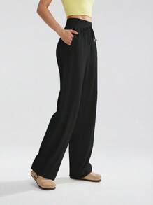 Never me Women's Sports Long Pants With Adjustable Cuffs, Elastic Pockets, Wide Waistband, Drawstring Elastic Waist, Wide Leg - Black - View 3