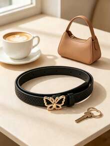 5pcs Black Leather Belt With Butterfly And Heart Shaped White Leather Belt, Metal Buckle High-End Design, Versatile Casual Belt - Multicolor-3 - View 3