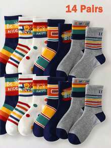 7/14 Pairs Kids Colorful Stripe Polka Dot Letter Print Ribbed Combed Soft Breathable Sweat Wicking Mid Calf Crew Socks Daily Outdoor All Season - Multicolor - View 8