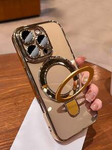 Luxury Electroplated Magnetic Phone Case Compatible With IPhone 17 16 15 14 13 Pro Max 17Pro Magsafe Stand Base Transparent Protective Shell - Mustard Yellow - View 2
