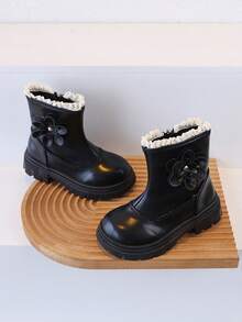 1 Pair Girls' 3D Floral Side Zipper Ankle Boots, Thick Sole Fashion Boots For Autumn/Winter - Black - View 2