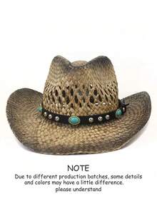 1pc Unisex Leather Belt Metal Decor Gradient Print Western Cowboy Straw Hat, All-Season Fashion Versatile Sun Protection Outdoor Beach Hat, Style - Gem - View 26