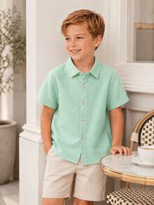 Young BoyClassic Casual School Style White Short Sleeve Shirt, Formal Occasion, Party, Performance Outfit - Mint Green - View 3