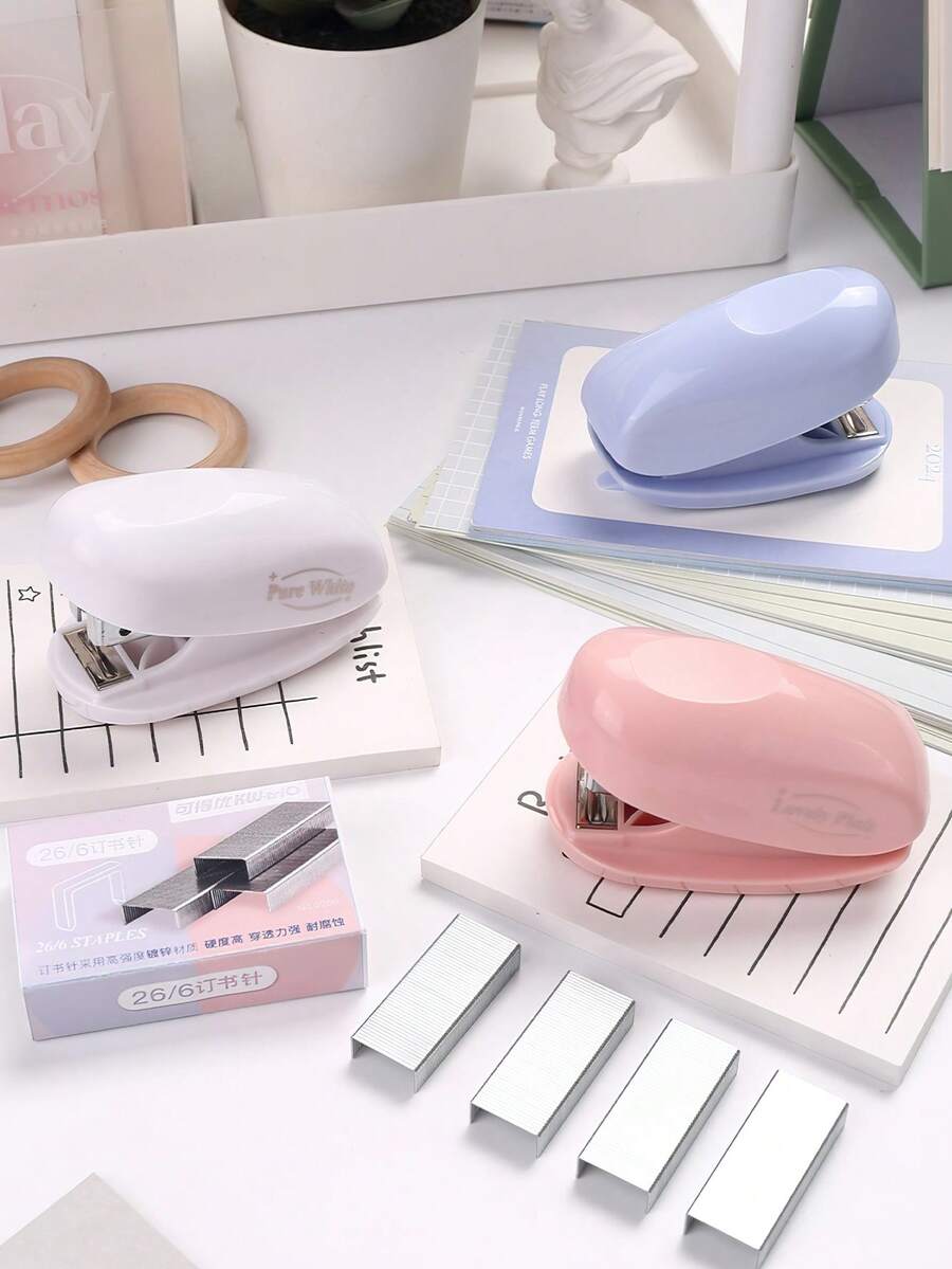 1pc Pure Color Marshmallow Stapler 1000pcs Staples Set, Aesthetic Tiny Portable Stapler, Mini Binder Office Binding Tools School Supplies, For School, Paper Binding - Stapler - View 1