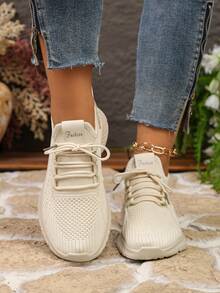 All Season Breathable Mesh Beige Women's Sports Shoes Lightweight Lace-Up Daily Casual Versatile Sneakers - Beige - View 4