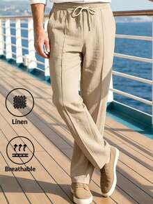 Men's Solid Color Linen Casual Pants, Thin Straight Leg Long Trousers, Breathable Beach Vacation Style, Elastic Waist With Drawstring, Versatile Daily Wear - Khaki - View 1