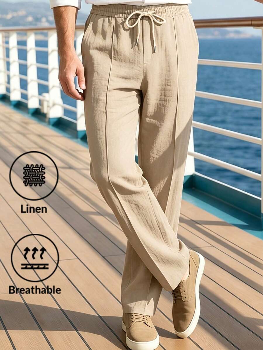 Men's Solid Color Linen Casual Pants, Thin Straight Leg Long Trousers, Breathable Beach Vacation Style, Elastic Waist With Drawstring, Versatile Daily Wear - Khaki - View 1