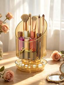 1pc/7pcs Rotating Transparent Striped Makeup Brush Holder, Gold Rim Divided Makeup Organizer, Multi-Compartment Vanity Storage Bin, Suitable For Lipstick, Eyeliner And Makeup Sponges, Fashionable Desktop Organizer For Daily Makeup Accessories - Multicolor - View 14