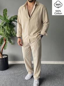 WAIT HIM 100% Cotton Men's Solid Color Single-Breasted Versatile Casual Long Sleeve Shirt Set - Apricot - View 2