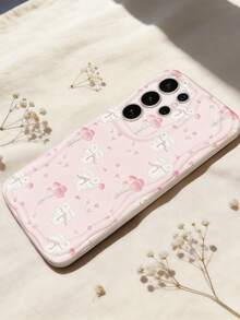 Creamy Dopamine Wave Ruffle Soft TPU Texture Creative Personalized Cute Rabbit & Flower Pattern Phone Case Compatible With Galaxy S21 S22 S23 S24 S25 S26/Honor/ And Other Models - White - View 1