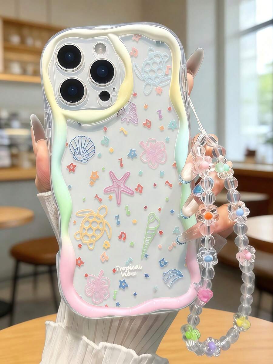 奶油多巴胺波浪荷葉邊軟 TPU 紋理創意個性化全螢幕海洋元素圖案 DIY 花朵腕帶手機殼，適用 Galaxy S21 S22 S23 S24 S25 S26//Honor//及其他機型 - 無色 - 查看 1