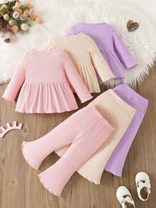 6pcs Baby Girl Casual Solid Color Knit Top & Versatile Flared Pants Set, Outdoor Autumn/Winter - Multicolor - View 2