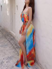 Vestido Maxi Arcoíris Elegante y Sexy sin Tirantes para Mujer, Falda de Cintura Ajustada con Abertura en el Muslo, Vestido de Verano - Azul - Ver 5