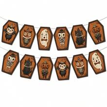 2pcs Halloween Vintage Theme Coffin Bunting, Black Cat, Owl, Pumpkin Head, Ghost, Skeleton Pattern, Suitable For Halloween Party Decoration, Wall Decor, Fireplace Decor, Halloween Party Gifts - A - View 1