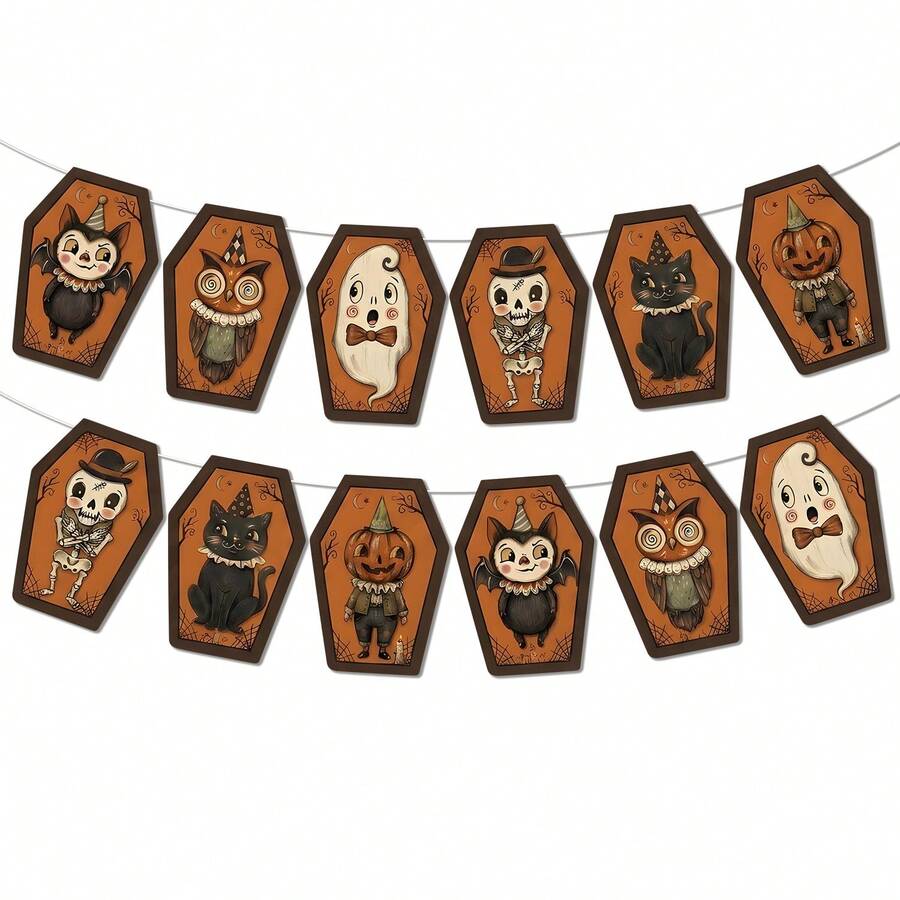 2pcs Halloween Vintage Theme Coffin Bunting, Black Cat, Owl, Pumpkin Head, Ghost, Skeleton Pattern, Suitable For Halloween Party Decoration, Wall Decor, Fireplace Decor, Halloween Party Gifts - A - View 1