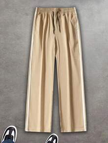 Men's Side Stripe Wide Leg Casual Pants, Elastic Drawstring Waist Lightweight Loose Straight Leg Long Pants, Suitable For Street Daily Sports Wear - Khaki - View 6