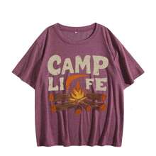 Women's Camp Themed T-Shirt - CAMP LIFE Lettering & Campfire Print With Logs & Marshmallow Design - Casual Round Neck Short Sleeve Outdoor Tee - 酒紅色 - 查看 1