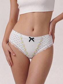 Aesletic Minimalist Cream White Polka Dot Ribbed Women's Comfortable Panties, Water-Soluble Floral Embroidery Bow Lace Trim Triangle Briefs - White - View 1