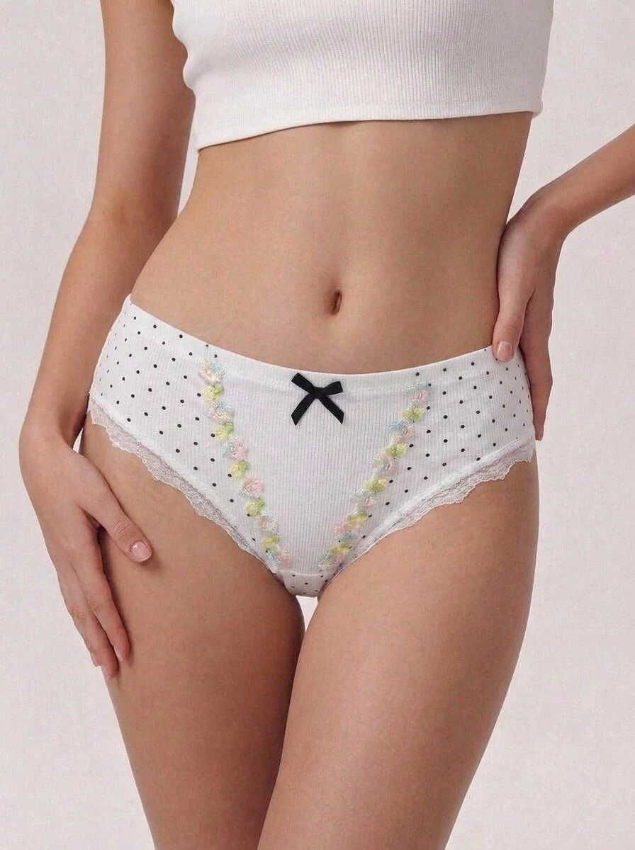 Aesletic Minimalist Cream White Polka Dot Ribbed Women's Comfortable Panties, Water-Soluble Floral Embroidery Bow Lace Trim Triangle Briefs - White - View 1