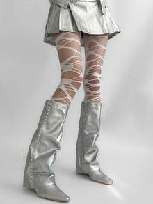 Women's Gothic Distressed Hollow Fishnet Tights, Y2K Rock Style Asymmetrical Ripped Hollow Mesh Sheer Pantyhose, Punk Aesthetic Long Socks - Multicolor - View 11