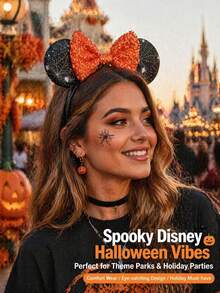 Disney Halloween Minnie Mouse Ear Headband, Black Spider Web Print Ears With Shiny Orange Sequin Bow, Party And Theme Park Cosplay Hair Accessory - A - View 1