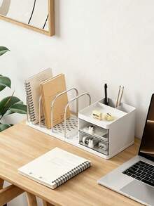 5/1pc Minimalist Plastic + Metal Rectangular Bookshelf, With Rabbit Dual Drawer Divided Book Holder, Desktop Book & Stationery Storage Rack, Practical Drawer Storage Box, Suitable For Study, Bedroom And Office Desktop Organization - Multicolor - View 3