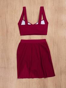 jeederkim New Summer Women Metal Decor Bikini Top, Matching Sheer Mini Skirt, Perfect For Beach Wear Vacation - Burgundy - View 7